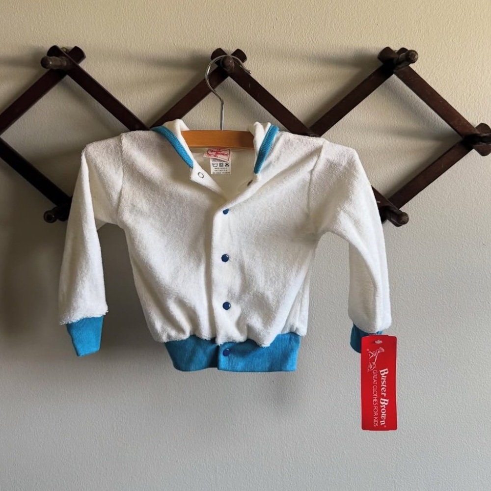 Vintage Kids Buster Brown White Terry Cloth Hoodie with Blue Trim